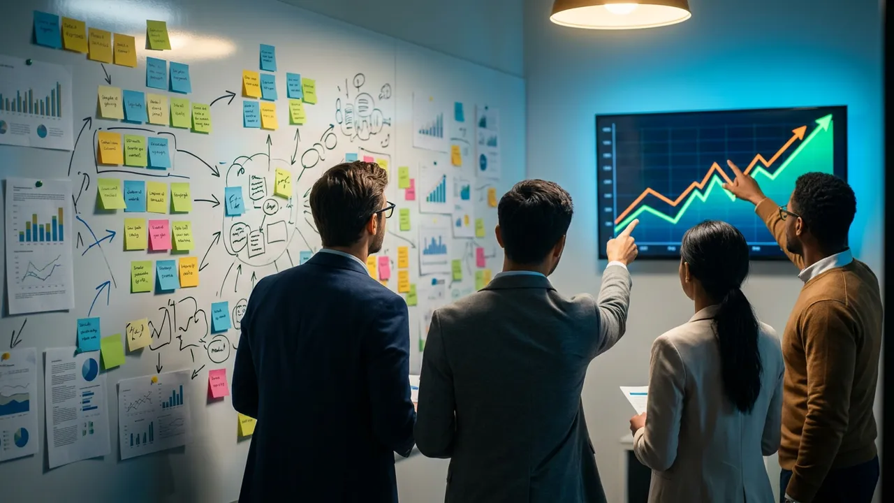 A marketing team at a planning wall of notes, pointing at a screen with a rising graph