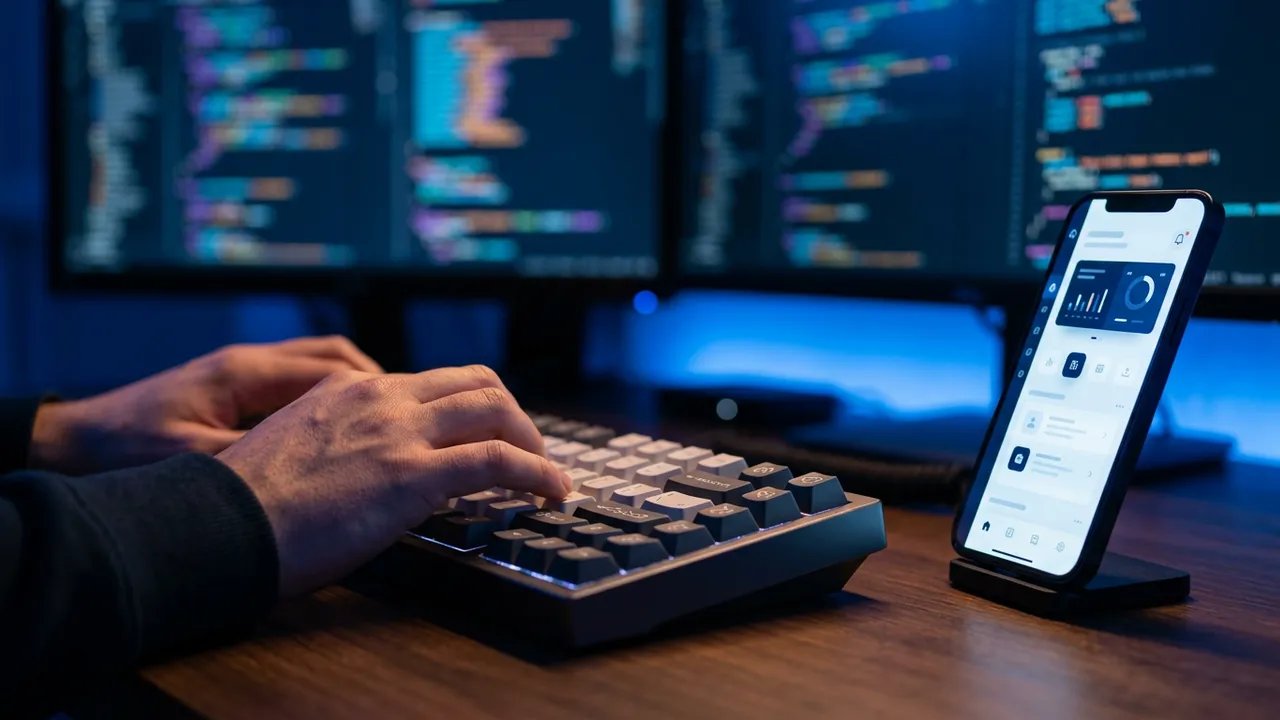 Hands on a keyboard between monitors of code, a phone showing an app interface beside them