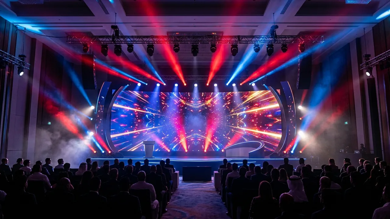 A corporate event stage with blue and red lighting over a seated audience