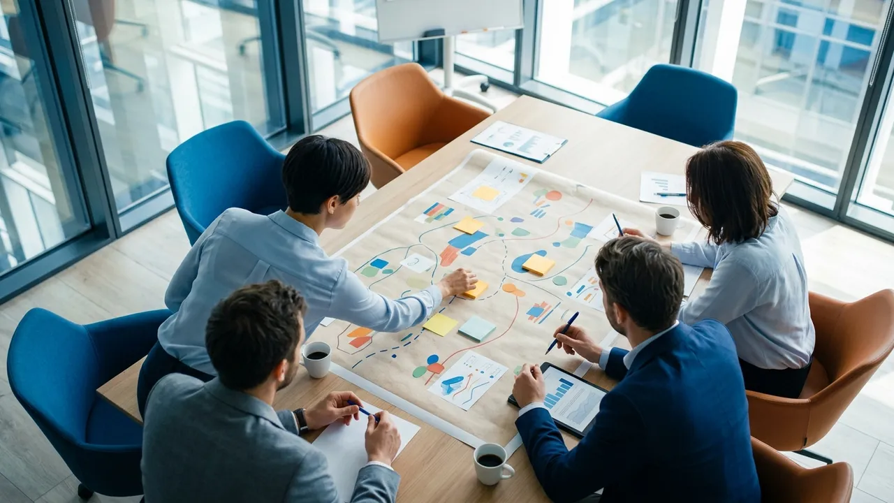 A team around a table arranging a roadmap of colored notes
