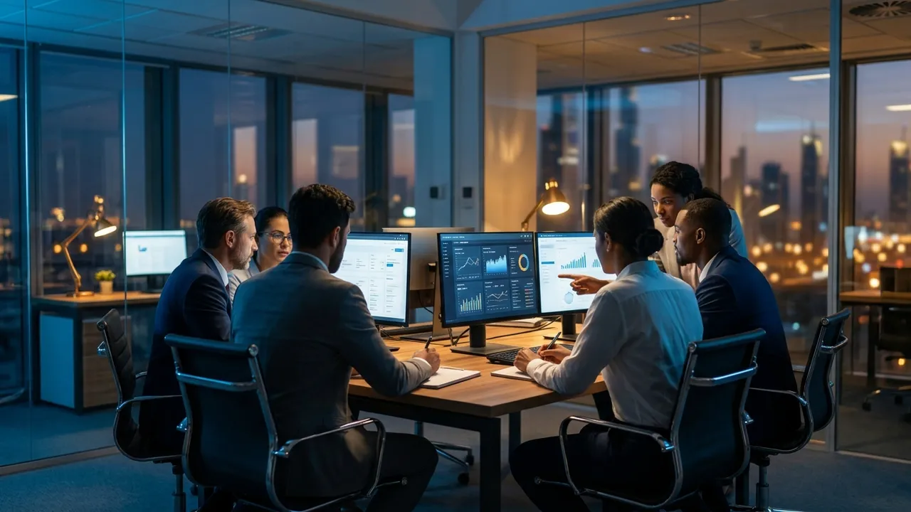 A team collaborating around screens showing product dashboards in a modern office at dusk