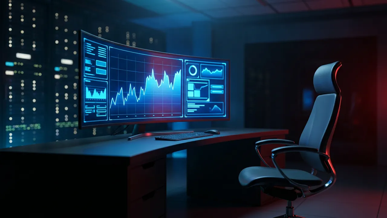 A dark operations room with a curved monitor showing glowing data panels