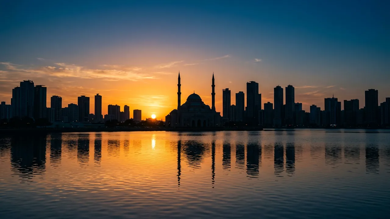 The Sharjah skyline at dusk, the dome of Al Noor Mosque among the towers