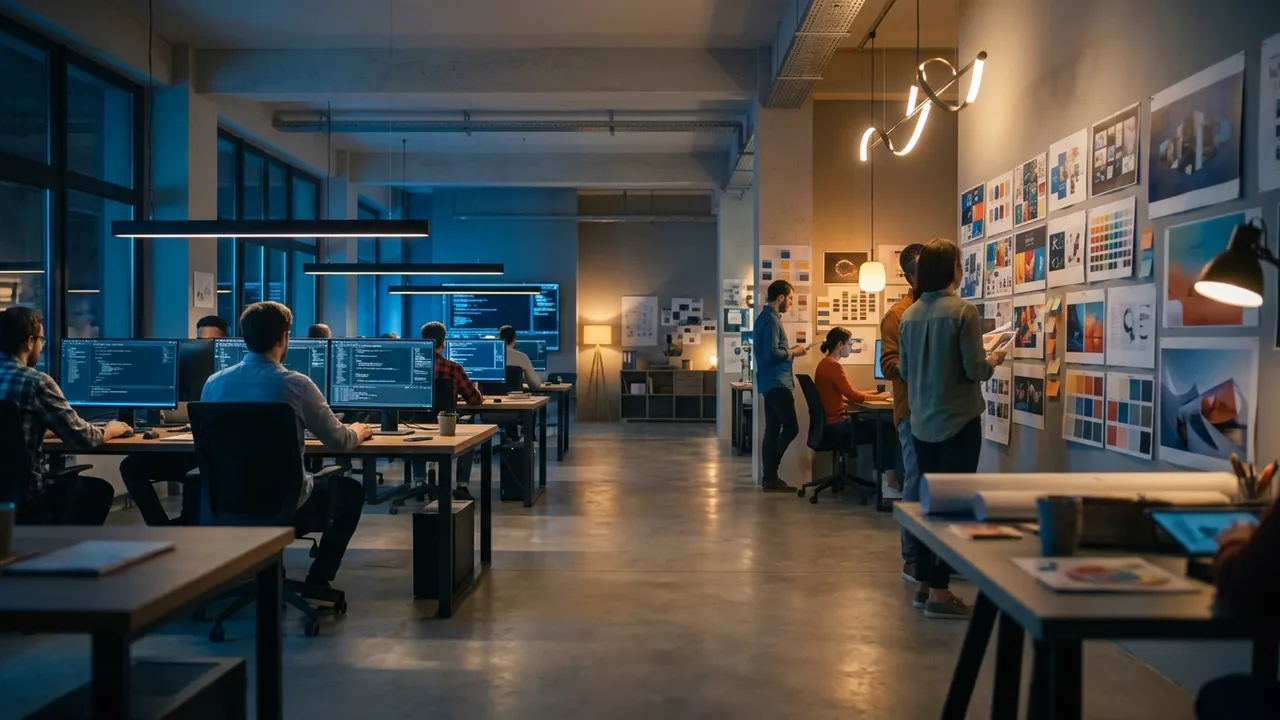 A creative technology studio: developers at monitors beside a wall of design work