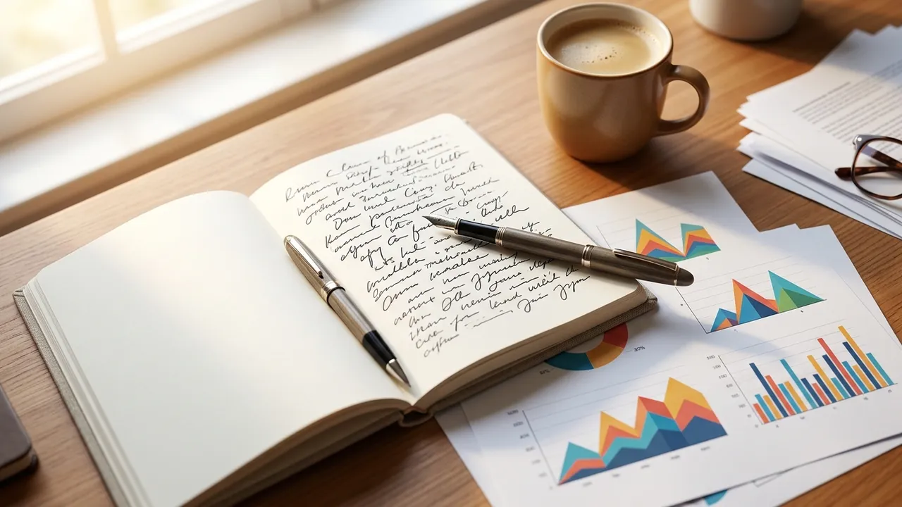 A writing desk: open notebook, pen, coffee and printed charts